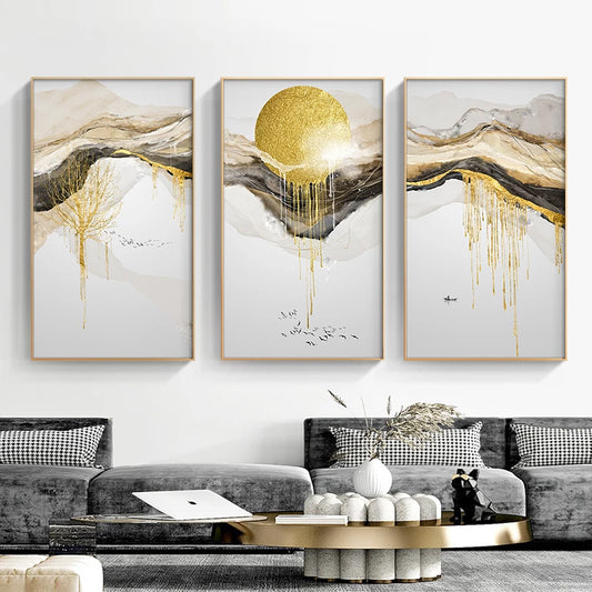 Abstract Golden Mountain Lakeside Scenes Modern Contemporary Landscape Wall Art Fine Art Canvas Prints Luxury Home Office Wall Decor