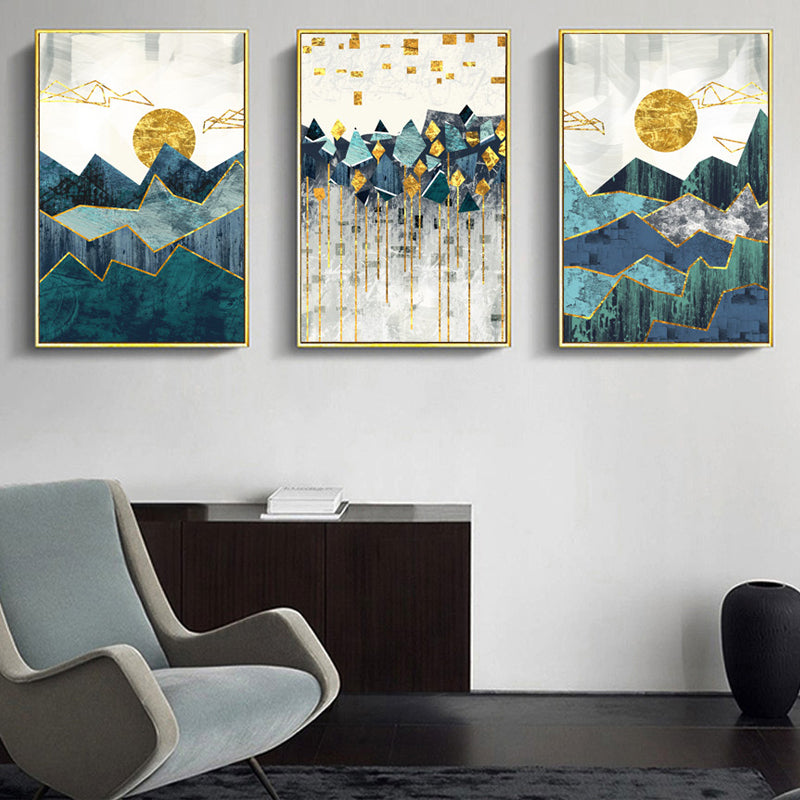 Abstract Geometric Mountain Landscape Blue Jade Green Golden Contemporary Wall Art Posters Fine Art Canvas Prints Nordic Pictures For Modern Home Decor
