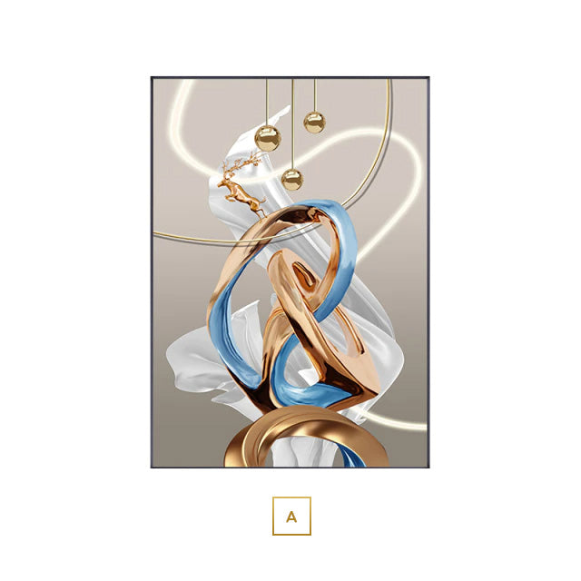 Abstract Flowing Ribbon Golden Deer Wall Art Fine Art Canvas Prints Auspicious Nordic Pictures For Luxury Living Room Home Entrance Hallway Art Decor