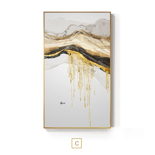 Abstract Golden Mountain Lakeside Scenes Modern Contemporary Landscape Wall Art Fine Art Canvas Prints Luxury Home Office Wall Decor