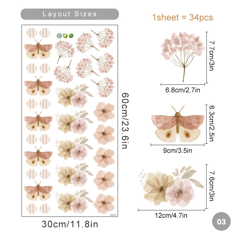 Bohemian Flowers & Butterflies Wall Decals Removable PVC Vinyl Wall Stickers For Decorating Living Room Bedroom Wall Simple DIY Home Decor