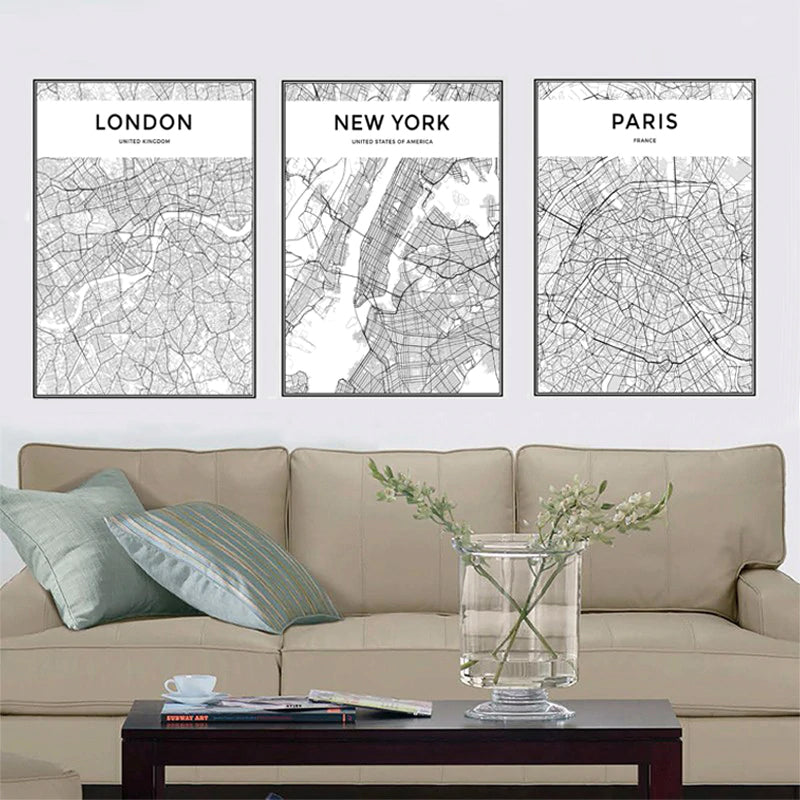 City Wall Map Art Posters Modern City Map Art Abstract Minimalist Black White Canvas Posters Prints Pictures for Modern Home Office Decoration