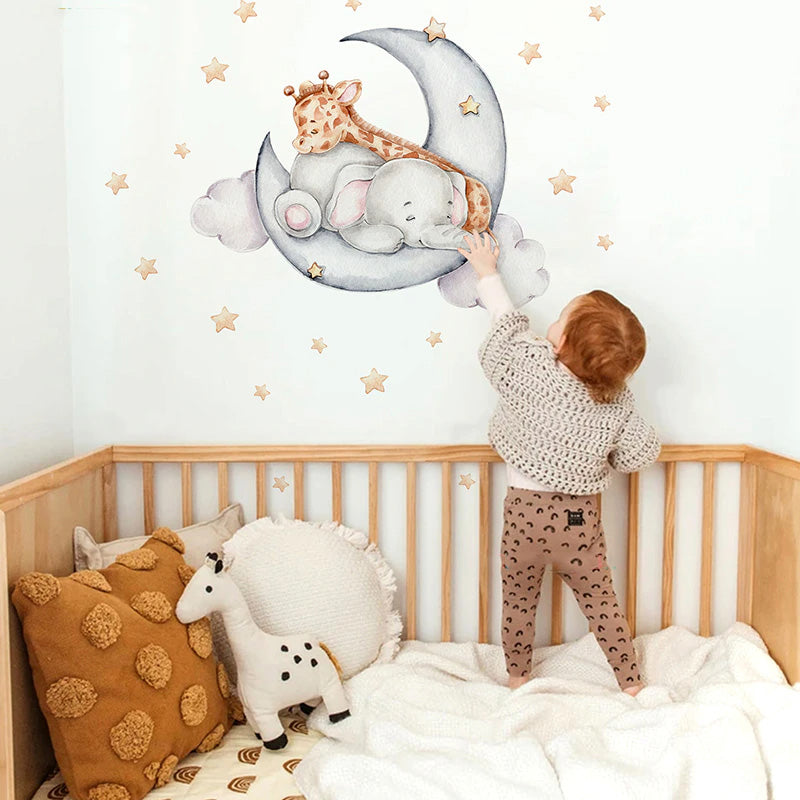 Cute Animals Moon And Stars Wall Murals For Children's Room Removable Self Adhesive Vinyl Wall Decal For Babys Nursery Creative DIY Home Decor