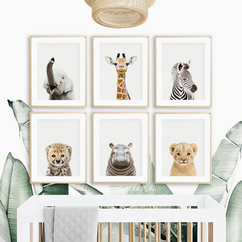 Cute Baby Animal Portraits Wall Art Posters For Kid's Bedroom Fine Art Canvas Prints Elephant Giraffe Lion Cub Pictures For Nordic Nursery Wall Decor