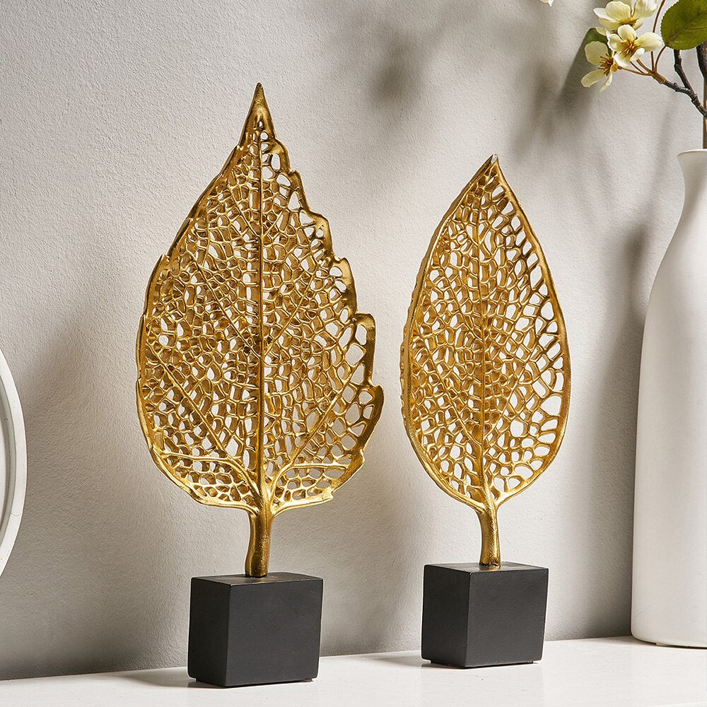 Golden Leaf Statues Decorative Exotic Botanical Silhouette Leaves Desk –