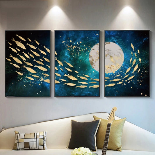 Auspicious Golden Fish Abstract Wall Art Fine Art Canvas Prints Aquatic Blue Sea Marine Pictures For Living Room Dining Room Home Loft Office Interior Decor