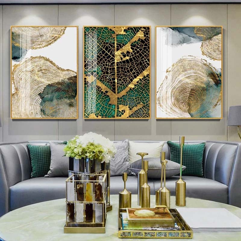 Set of 3Pcs Golden Tree Of Life Wall Art Leaf Veins Wood Rings Nordic Abstract Botanic Organic Nature Fine Art Canvas Prints For Modern Living Room Home Decor