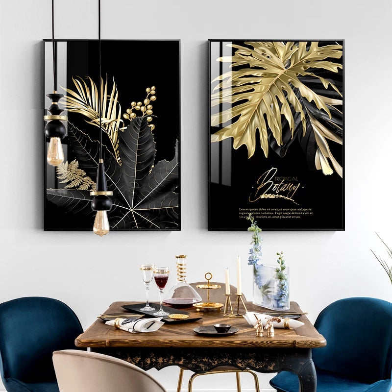 Golden Tropical Botany Luxury Nordic Wall Art Black Gold Leaves Fine A –