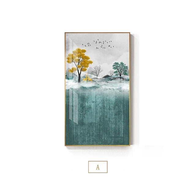 Auspicious Golden Deer Mountain Landscape Abstract Nordic Wall Art Fine Art Canvas Prints Modern Pictures For Living Room Contemporary Office Home Interior
