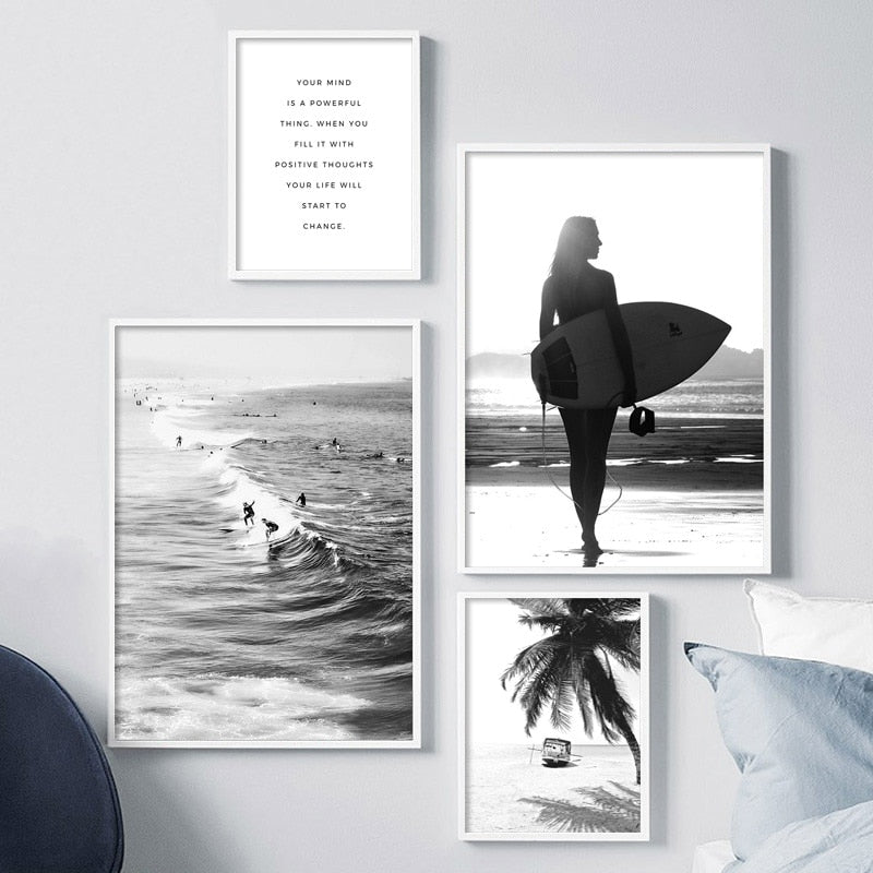 Tropical Surf Beach Ocean Seascape Wall Art Fine Art Canvas Prints Black White Gallery Wall Lifestyle Pictures For Living Room Bedroom Decor