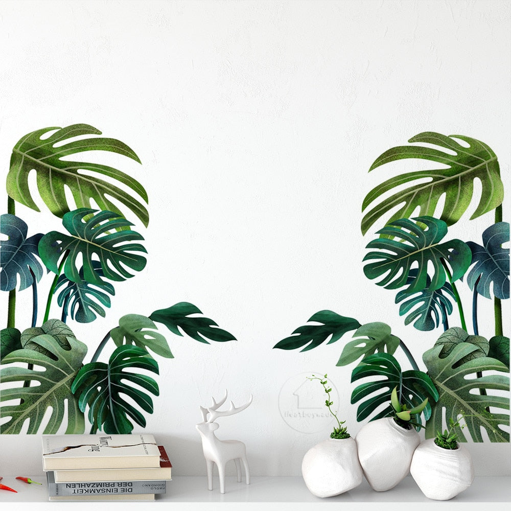 Tropical Green Leaves Vinyl Wall Mural Removable PVC Tropical Leaves Wall Sticker Decals For Living Room Dining Room Office Creative DIY Home Decor