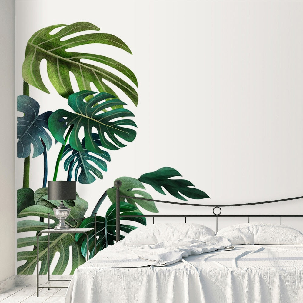 Tropical Green Leaves Vinyl Wall Mural Removable PVC Tropical Leaves Wall Sticker Decals For Living Room Dining Room Office Creative DIY Home Decor
