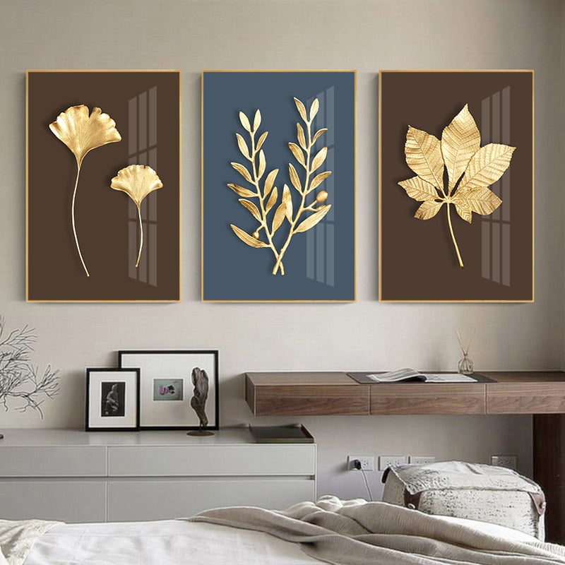 Abstract Minimalist Golden Leaf Wall Art Fine Art Canvas Prints Elegant Botanical Pictures For Luxury Living Room Dining Room Home Office Decor
