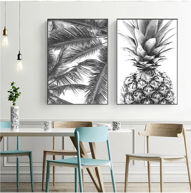 Tropical Palm Leaves Pineapple Wall Art Fine Art Canvas Prints Black White Minimalist Exotic Botanical Pictures For Living Room Home Office Wall Decor