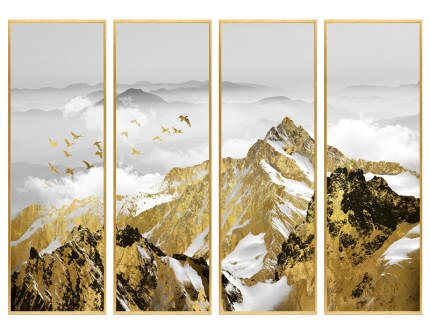 Auspicious Golden Mountain Wall Art Fine Art Canvas Prints Modular Set of 4 Pictures For Modern Apartment Living Room Home Office Interior Decor