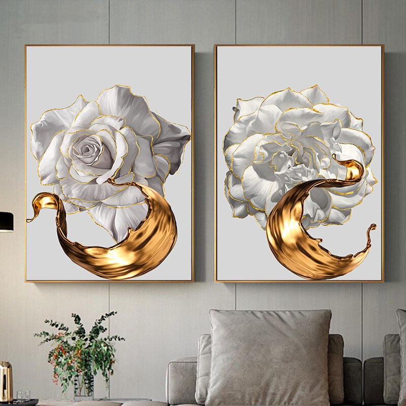 White Rose Golden Floral Wall Art Fine Art Canvas Prints Modern Abstract Botanical Pictures For Luxury Living Room Dining Room Bedroom Art Decor