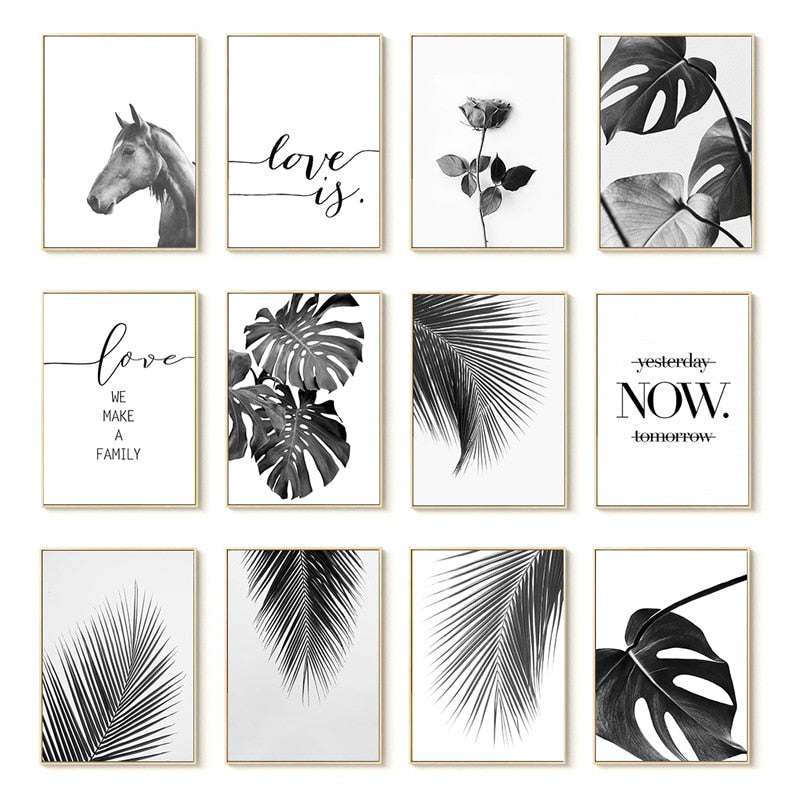 Simple Living Daily Inspirational Wall Art Black White Minimalist Tropical Leaves Pictures For Family Living Room Bedroom Art Decor
