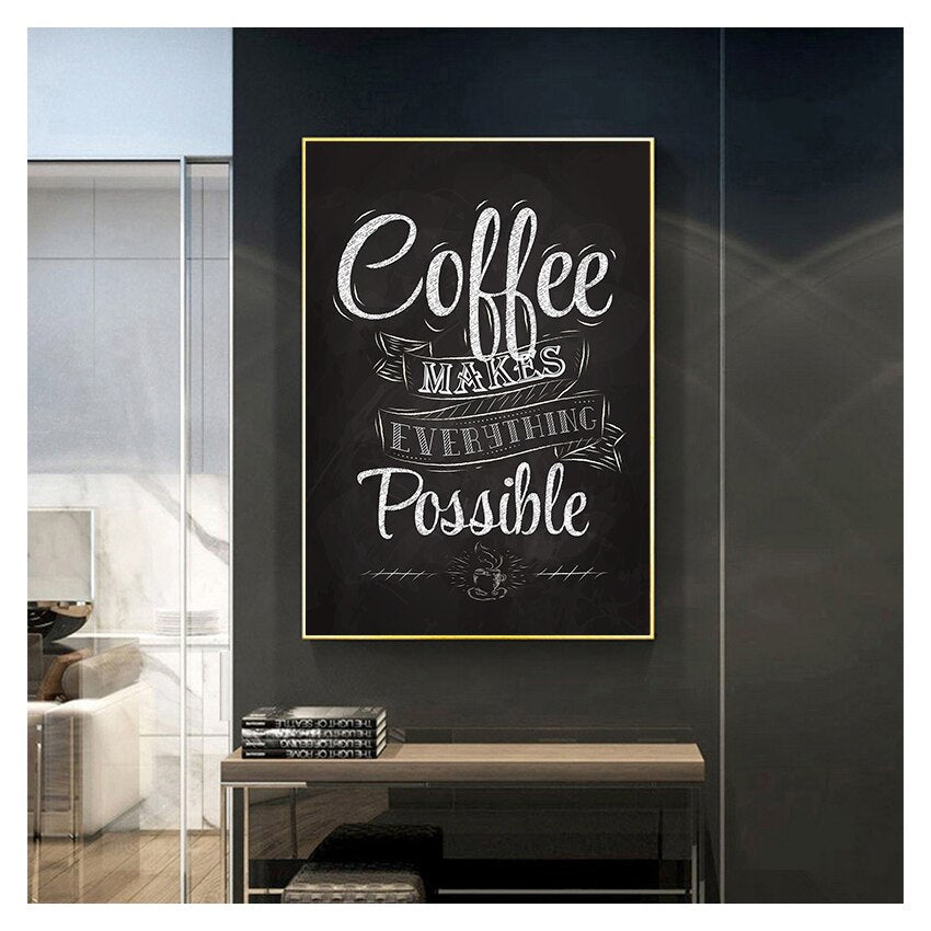 Retro Café Chalkboard Style Coffee Quote Wall Art Fine Art Canvas Print Black White Poster Picture For Kitchen Dining Room Coffee Shop Art Decor