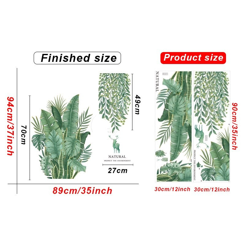 Tropical Greenery Wall Mural Removable PVC Vinyl Green Leaves Wall Sticker Decal Decoration For Living Room Dining Room Creative DIY Home Decor