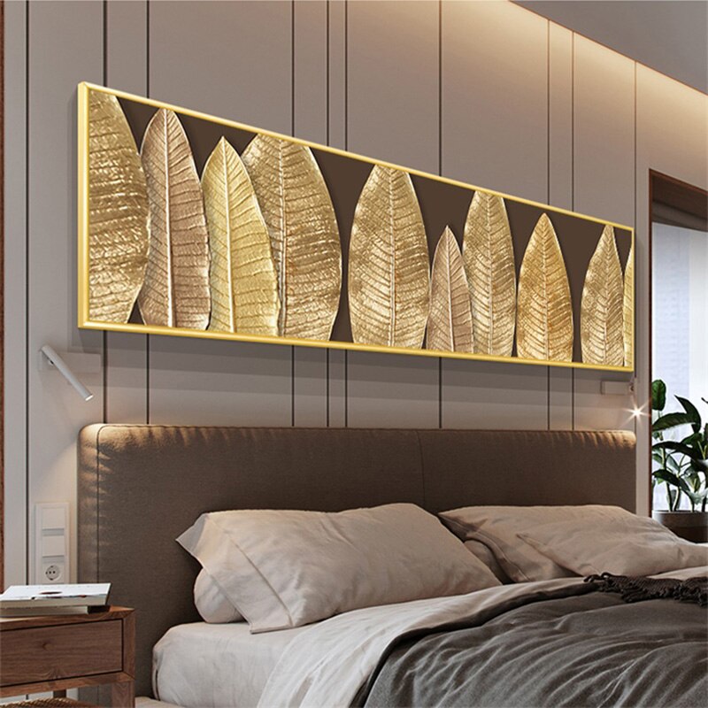 Modern Abstract Botanical Golden Palm Leaf Wall Art Fine Art Canvas Prints Wide Format Pictures For Above The Bed Or Above The Living Room Sofa