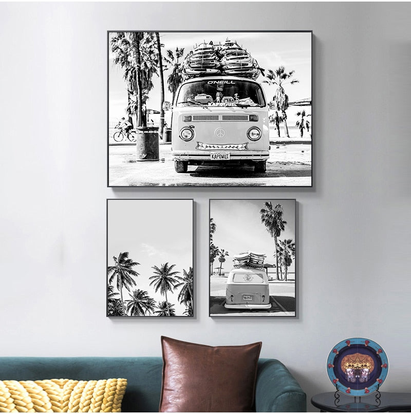 Beach Surf Campervan Lifestyle Black White Wall Art Fine Art Canvas Prints Travel Dreams Pictures For Living Room Bedroom Gallery Wall Art Decor