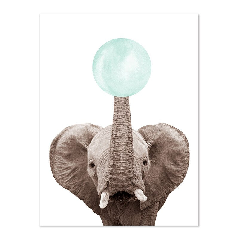 Cute Jade Green Bubble Baby Animal Posters Nursery Wall Art Fine Art Canvas Prints Giraffe Elephant Koala Zebra Pictures For Baby Girls Boys Bedroom Decor