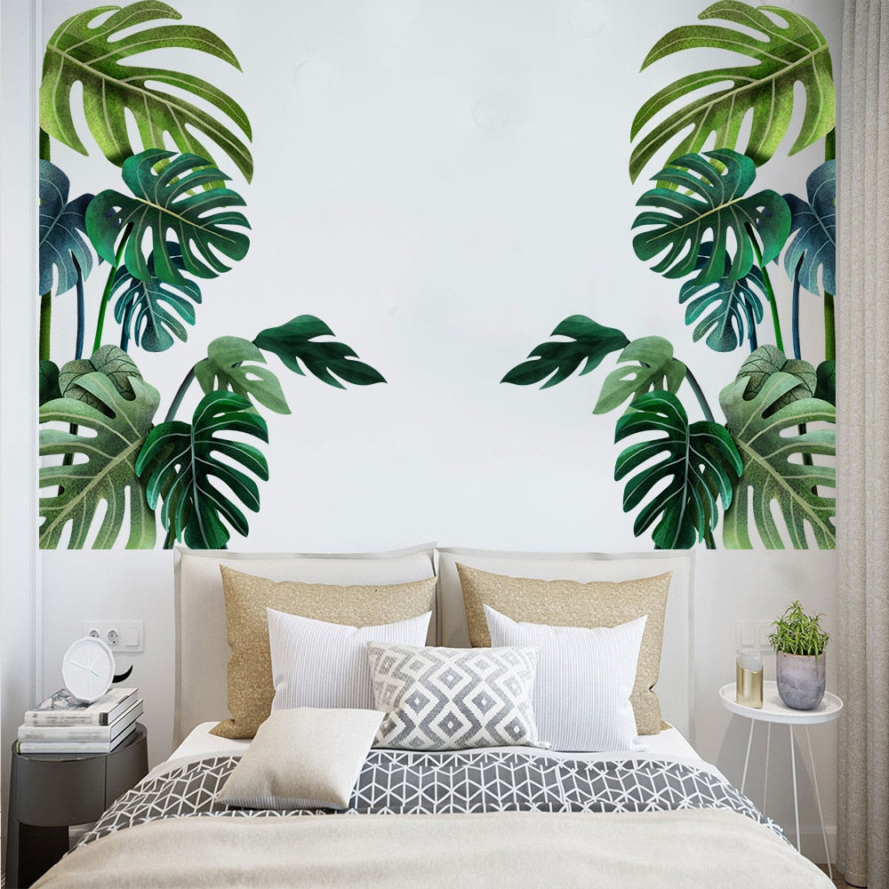 Tropical Green Leaves Vinyl Wall Mural Removable PVC Tropical Leaves Wall Sticker Decals For Living Room Dining Room Office Creative DIY Home Decor