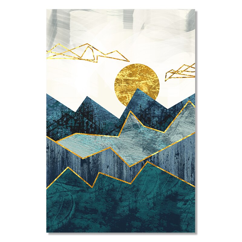 Abstract Geometric Mountain Landscape Blue Jade Green Golden Contemporary Wall Art Posters Fine Art Canvas Prints Nordic Pictures For Modern Home Decor