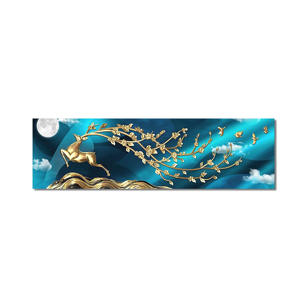 Auspicious Jade Blue Flowing Golden Deer Moonlight Abstract Wall Art Fine Art Canvas Prints Wide Format Modern Bedroom Picture For Above The Bed