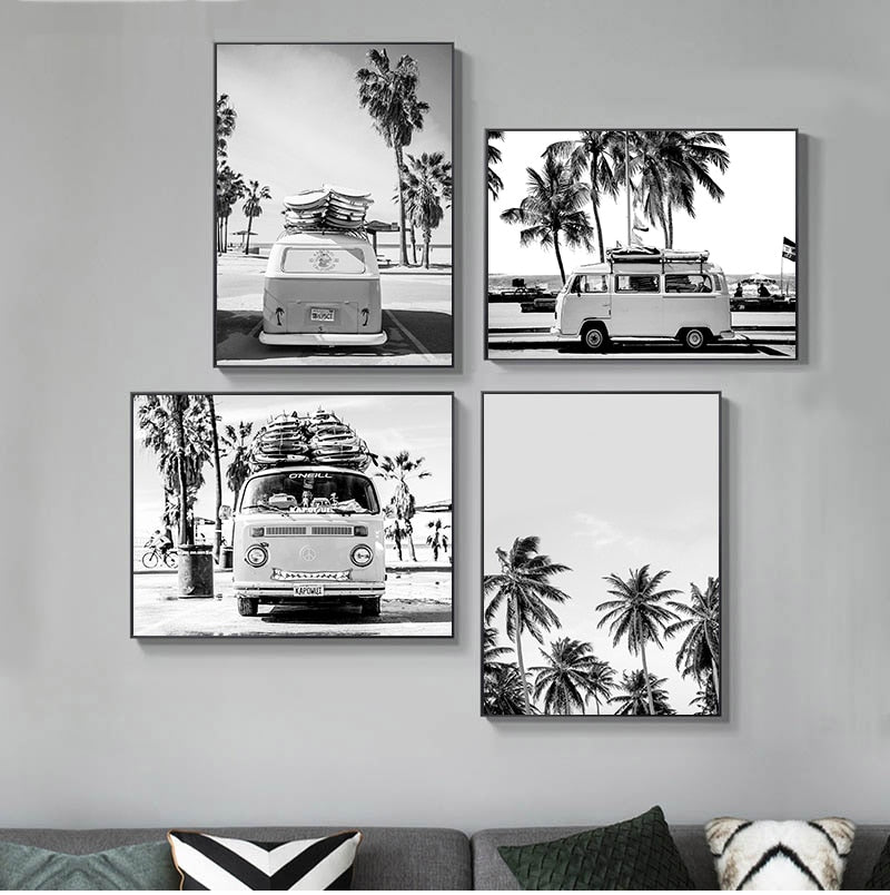 Beach Surf Campervan Lifestyle Black White Wall Art Fine Art Canvas Prints Travel Dreams Pictures For Living Room Bedroom Gallery Wall Art Decor