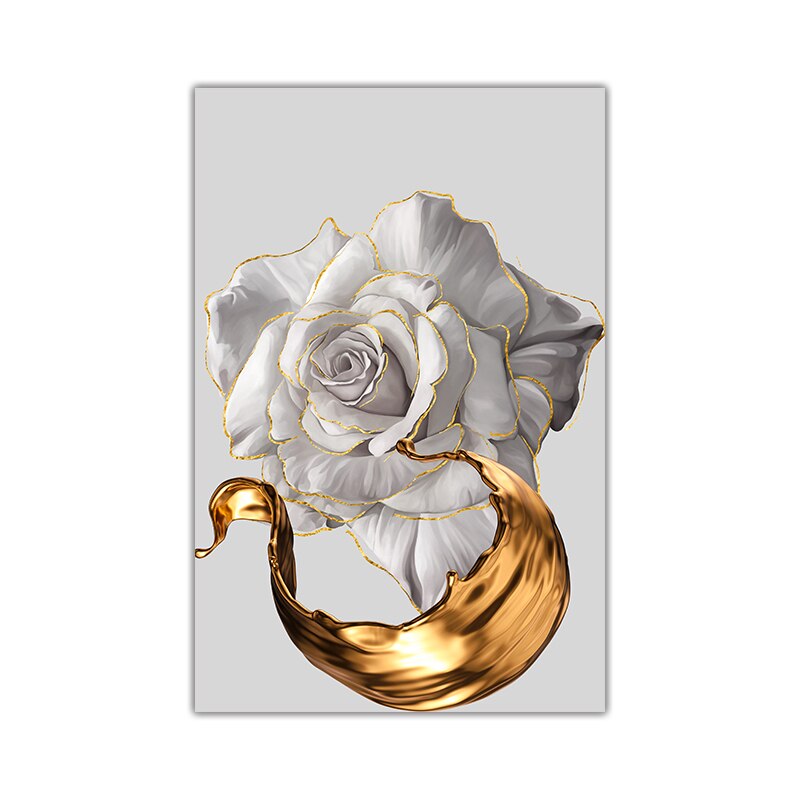 White Rose Golden Floral Wall Art Fine Art Canvas Prints Modern Abstract Botanical Pictures For Luxury Living Room Dining Room Bedroom Art Decor