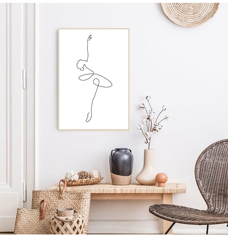 Dancing Ballerina Line Art Black & White Figure Art Wall Art Fine Art Canvas Prints Minimalist Pictures For Modern Living Room Bedroom Art Decor
