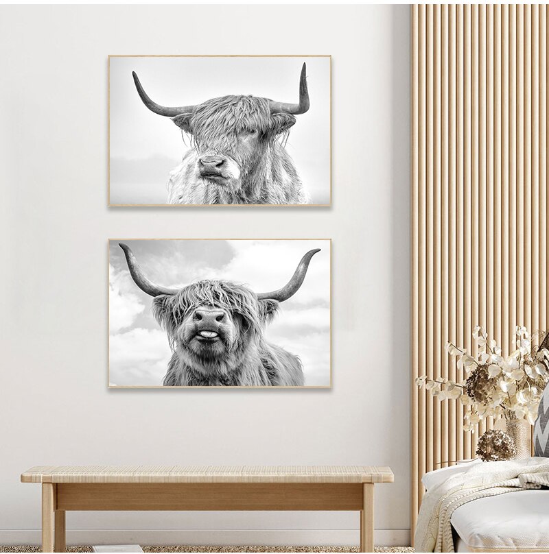 Black & White Highland Cattle Wall Art Fine Mountain Yak Bison Pictures For Living Room Dining Room Home Office Scandinavian Interior Decor