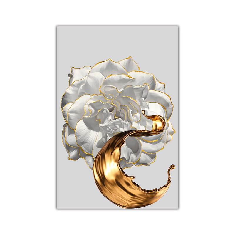 White Rose Golden Floral Wall Art Fine Art Canvas Prints Modern Abstract Botanical Pictures For Luxury Living Room Dining Room Bedroom Art Decor