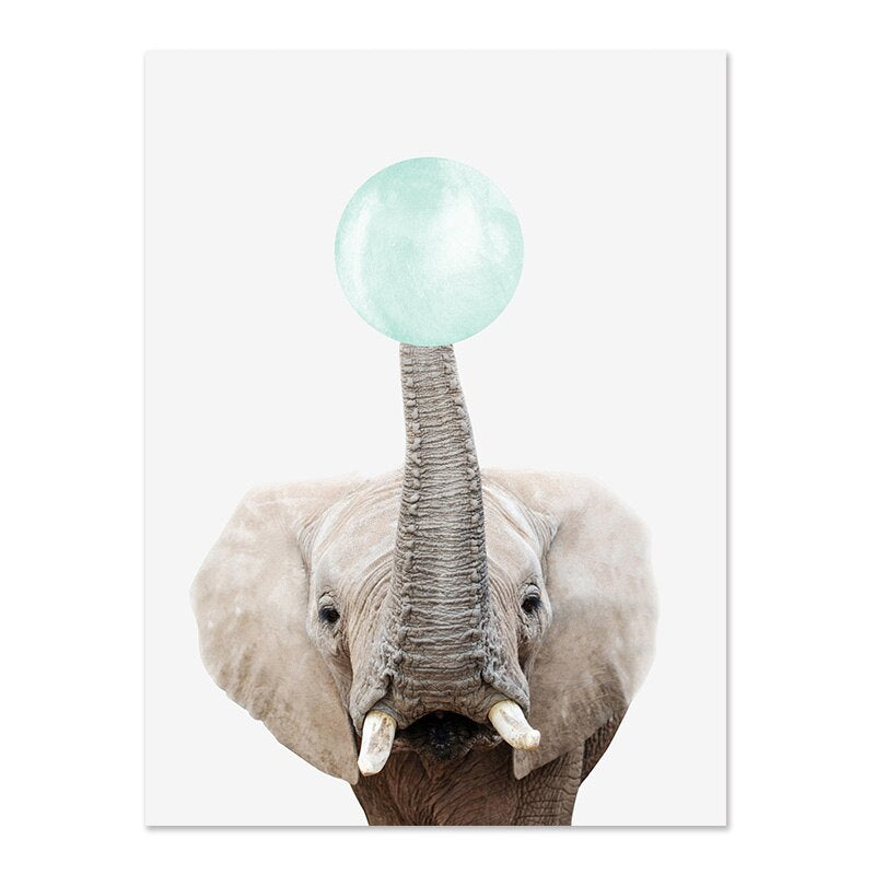 Cute Jade Green Bubble Baby Animal Posters Nursery Wall Art Fine Art Canvas Prints Giraffe Elephant Koala Zebra Pictures For Baby Girls Boys Bedroom Decor