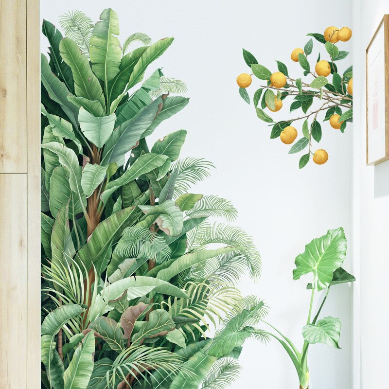Tropical Greenery Wall Mural Removable PVC Vinyl Green Leaves Wall Sticker Decal Decoration For Living Room Dining Room Creative DIY Home Decor