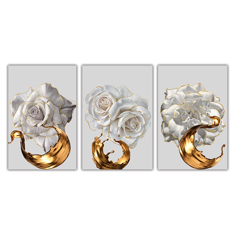 White Rose Golden Floral Wall Art Fine Art Canvas Prints Modern Abstract Botanical Pictures For Luxury Living Room Dining Room Bedroom Art Decor