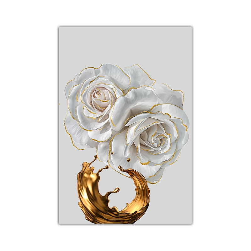 White Rose Golden Floral Wall Art Fine Art Canvas Prints Modern Abstract Botanical Pictures For Luxury Living Room Dining Room Bedroom Art Decor