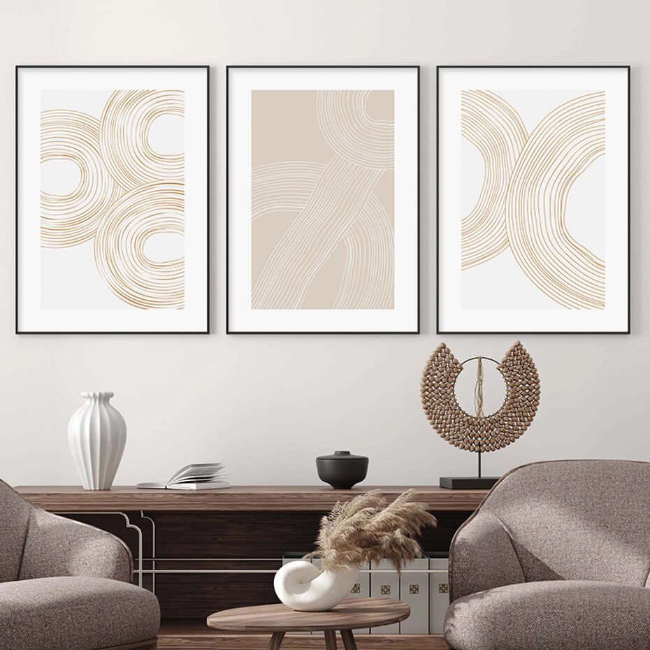 Beige White Minimalist Geometric Line Art Wall Art Fine Art Canvas Prints Elegant Abstract Pictures For Living Room Home Office Decor