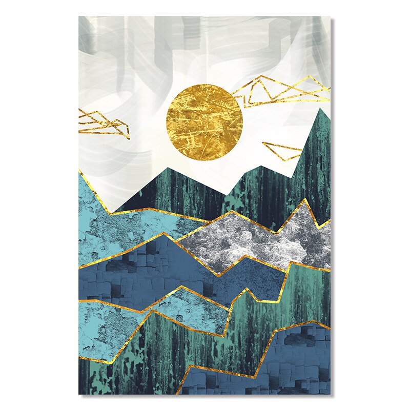 Abstract Geometric Mountain Landscape Blue Jade Green Golden Contemporary Wall Art Posters Fine Art Canvas Prints Nordic Pictures For Modern Home Decor
