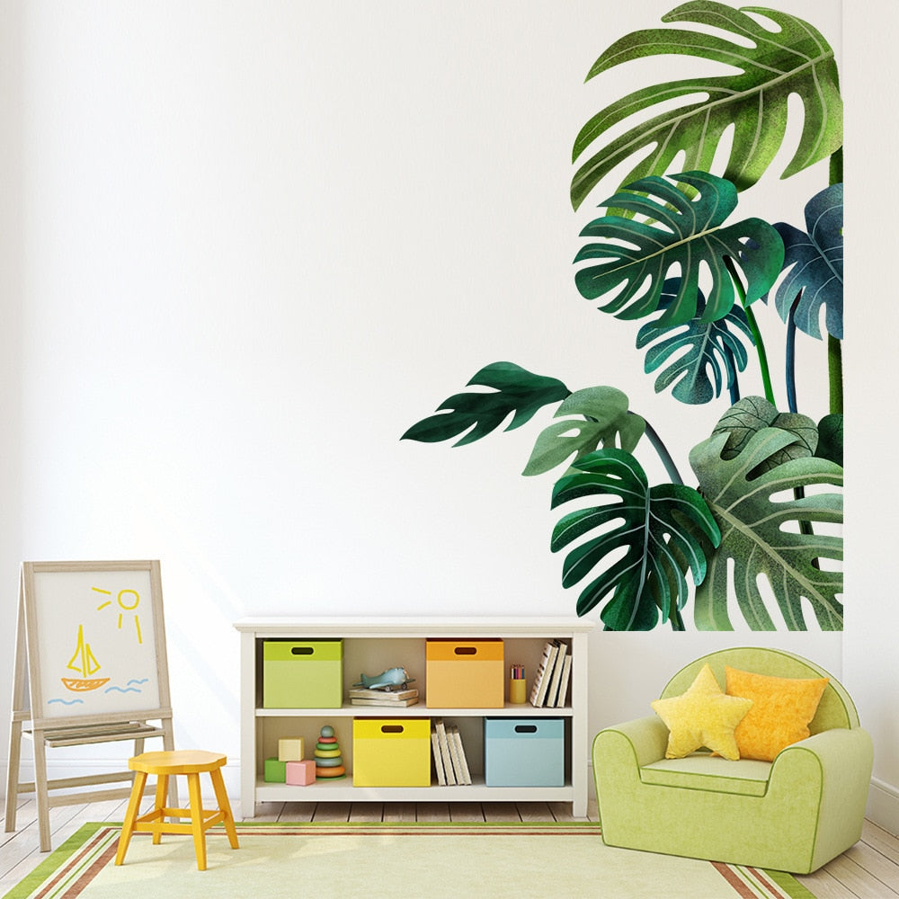 Tropical Green Leaves Vinyl Wall Mural Removable PVC Tropical Leaves Wall Sticker Decals For Living Room Dining Room Office Creative DIY Home Decor