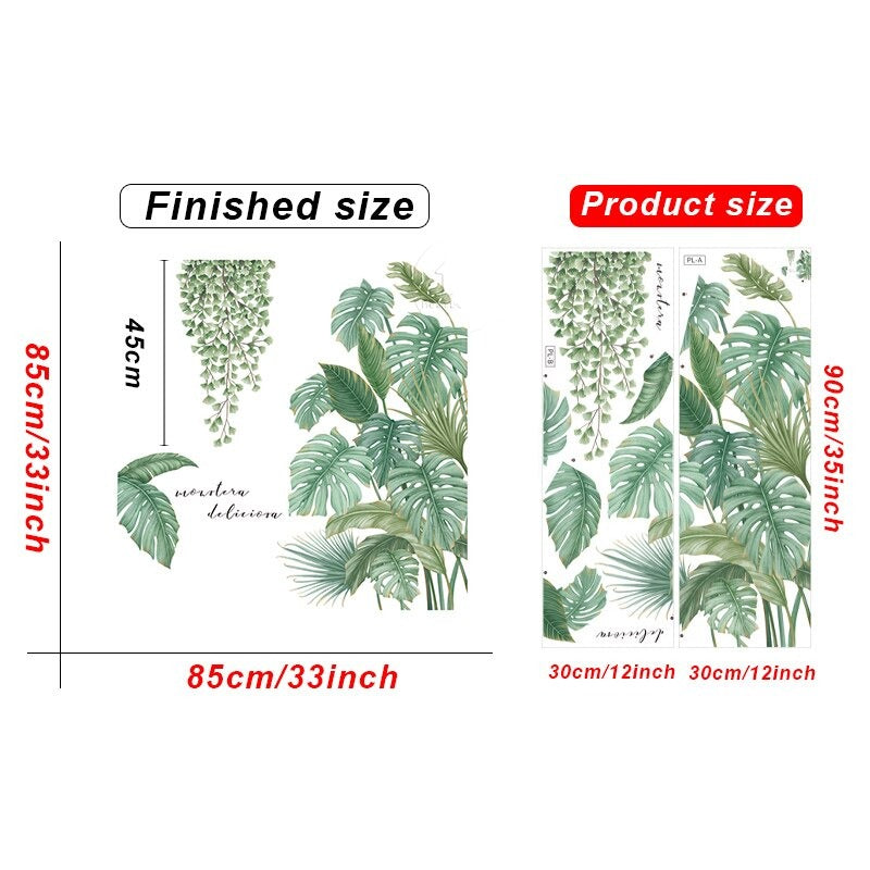 Tropical Greenery Wall Mural Removable PVC Vinyl Green Leaves Wall Sticker Decal Decoration For Living Room Dining Room Creative DIY Home Decor