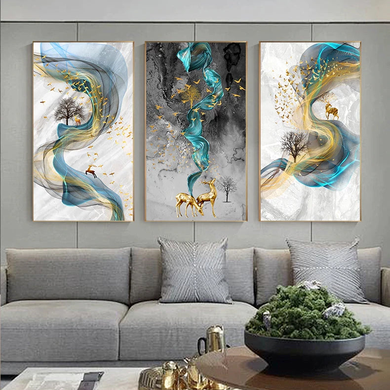 Abstract Golden Stags Luxurious Nordic Wall Art Fine Art Canvas Prints Fashionable Pictures For Living Room Bedroom Modern Home Decor