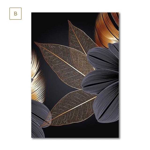 Luxury Black Golden Leaf Wall Art Fine Art Canvas Prints Modern Abstract Tropical Botanical Upscale Pictures For Living Room Loft Apartment Home Office Decor