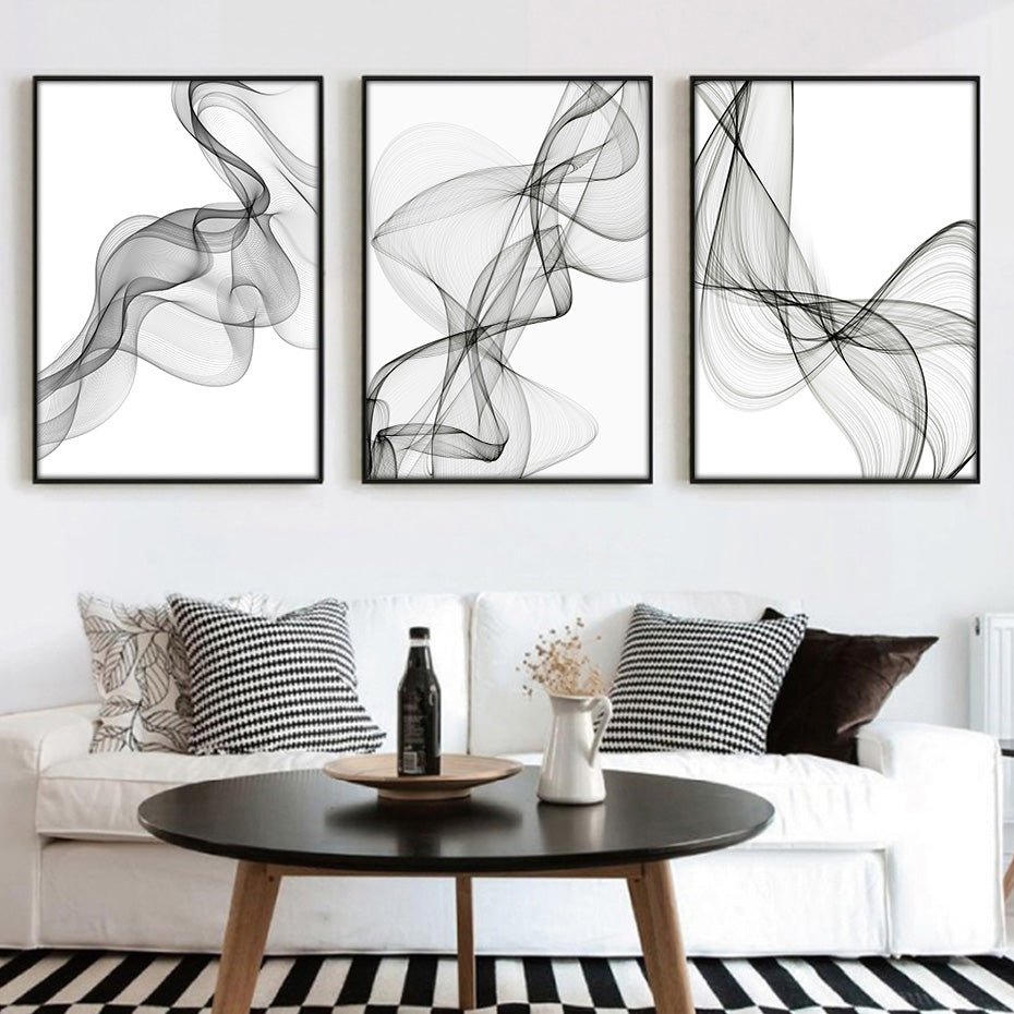 Modern Black And White Abstract Wall Art Fine Art Canvas Prints Minimalist Wavy Lines Pictures For Living Room Loft Apartment Home Office Interior Decor