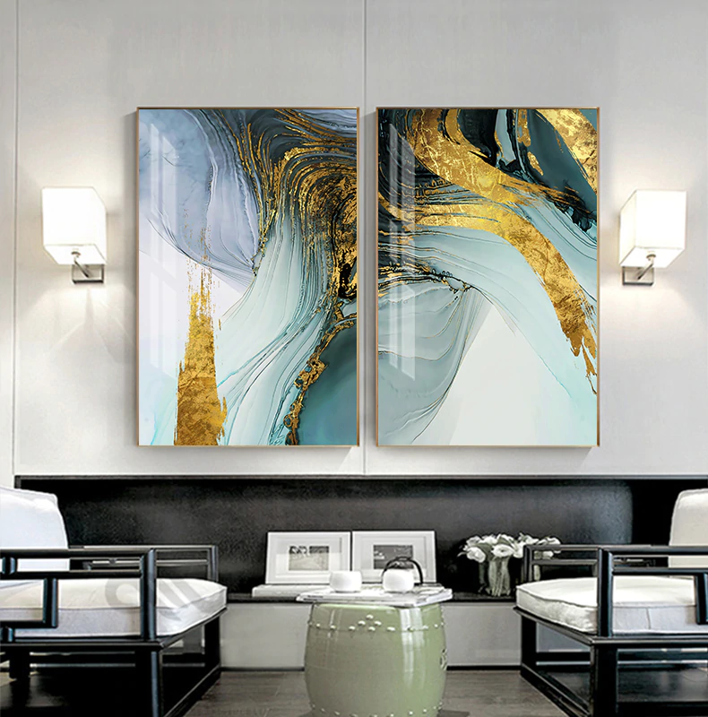 Modern Luxury Abstract Wall Art Golden Blue Jade Fine Art Canvas Prints Fashionable Pictures For Office Living Room or Bedroom Decor