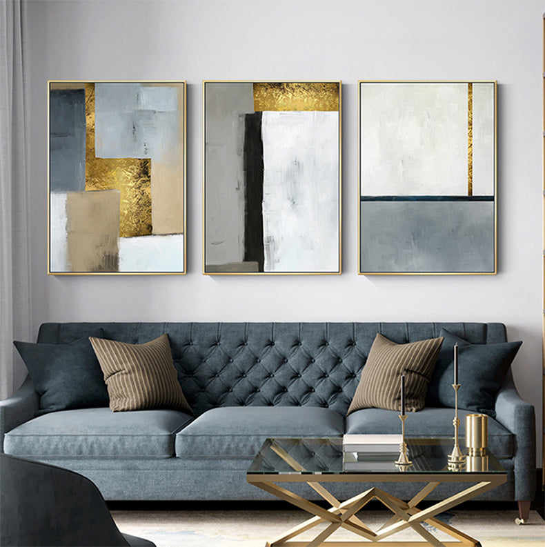 Modern White Gray Blue Golden Block Abstract Wall Art Fine Art Canvas Prints Pictures For Modern Living Room Loft Apartment Home Office Decor