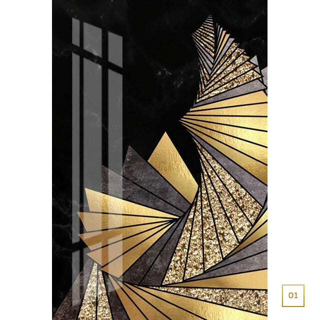 Modern Abstract Black Golden Geometric Botanical Wall Art Fine Art Canvas Prints Pictures For Luxury Living Room Dining Room Home Office Art Decor