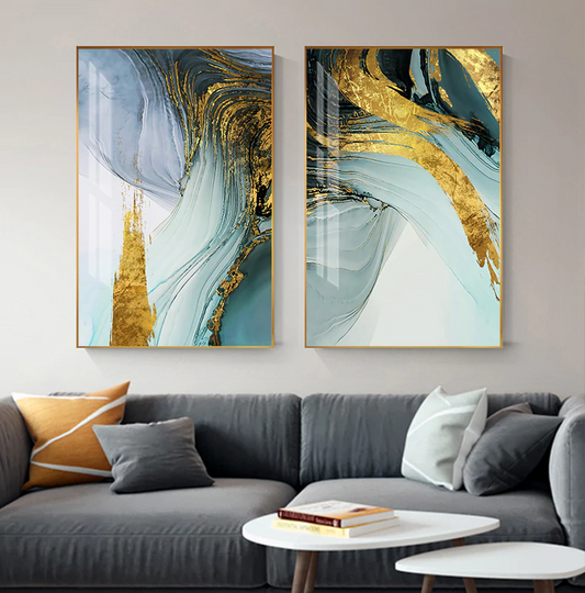 Modern Luxury Abstract Wall Art Golden Blue Jade Fine Art Canvas Prints Fashionable Pictures For Office Living Room or Bedroom Decor