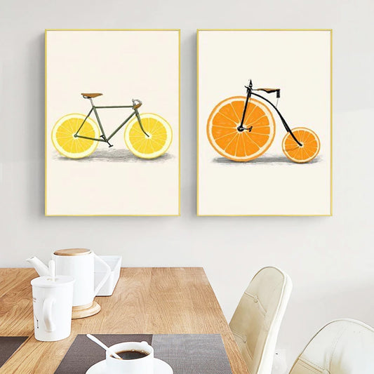 Orange & Lemon Fruit Bikes Canvas Prints Vintage Abstract Colorful Bicycle Art For Kitchen Art Posters For Modern Home Decor